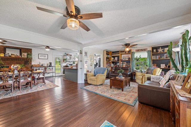 1120 Weeks Rd, Murfreesboro, TN 37127 - living area featuring a ceiling fan, ornamental molding, hardwood / wood-style flooring, and a textured ceiling