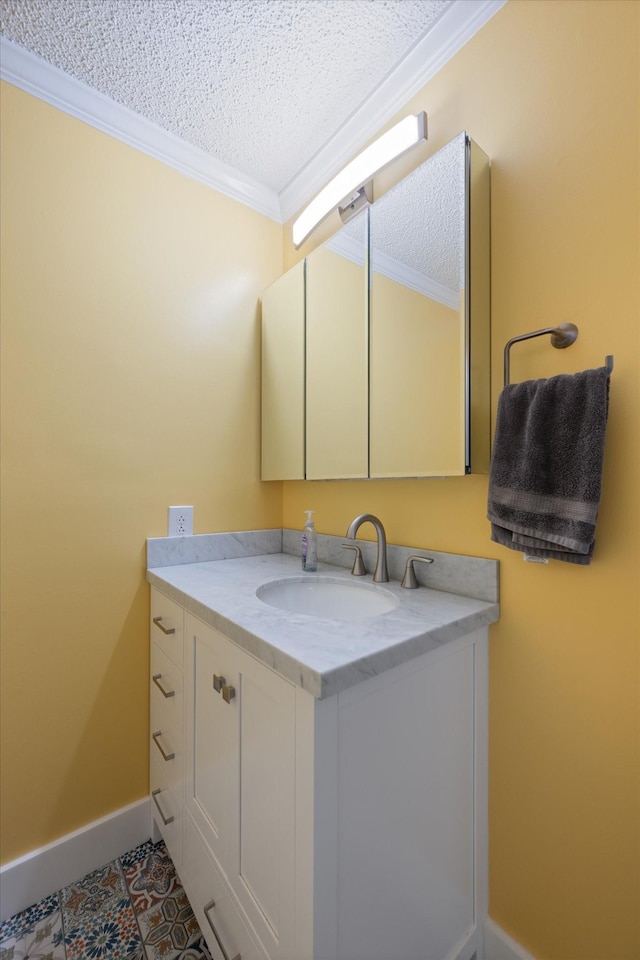 1120 Weeks Rd, Murfreesboro, TN 37127 - bathroom with vanity, baseboards, ornamental molding, a textured ceiling, and tile patterned flooring