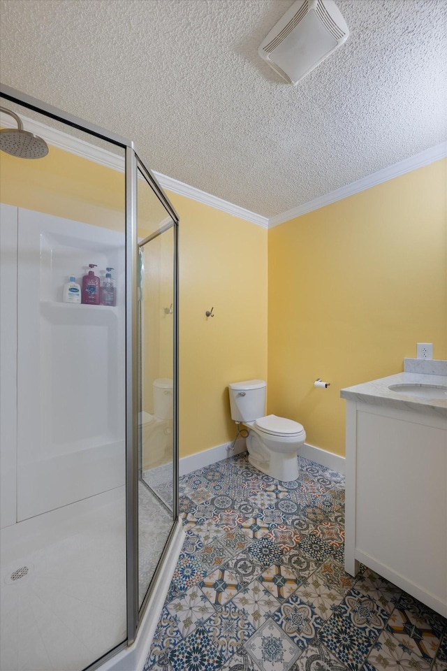 1120 Weeks Rd, Murfreesboro, TN 37127 - bathroom with toilet, a textured ceiling, a stall shower, ornamental molding, and vanity