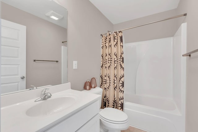 full bath with toilet, shower / bathtub combination with curtain, and vanity