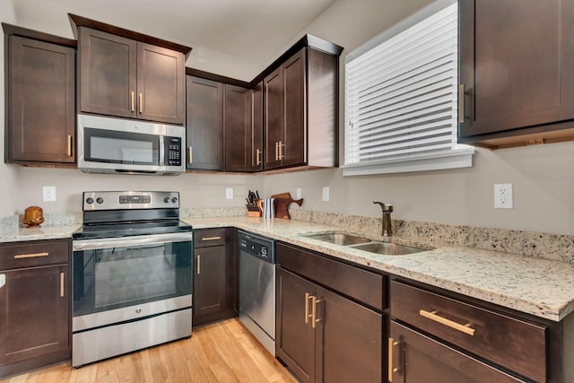 kitchen with appliances with stainless steel finishes, a sink, dark brown cabinets, and light wood-style floors