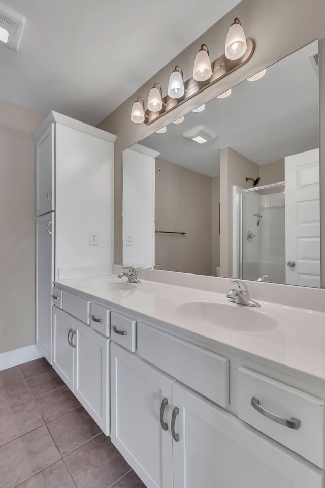 full bath featuring a stall shower, tile patterned flooring, and double vanity
