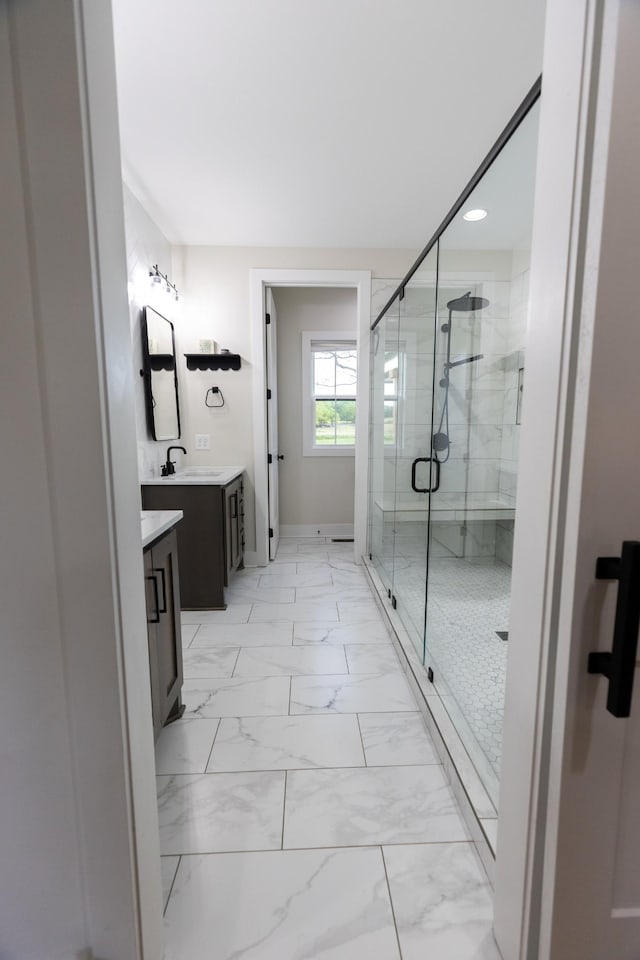 1325 Rogers Ln, Lebanon, TN 37087 - bathroom with a stall shower, vanity, marble finish floors, and recessed lighting