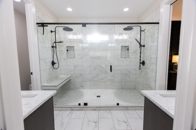 1325 Rogers Ln, Lebanon, TN 37087 - bathroom with vanity, marble look tiles, a stall shower, recessed lighting, and toilet