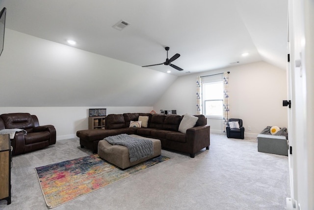 1325 Rogers Ln, Lebanon, TN 37087 - living area with vaulted ceiling, ceiling fan, carpet floors, recessed lighting, and baseboards