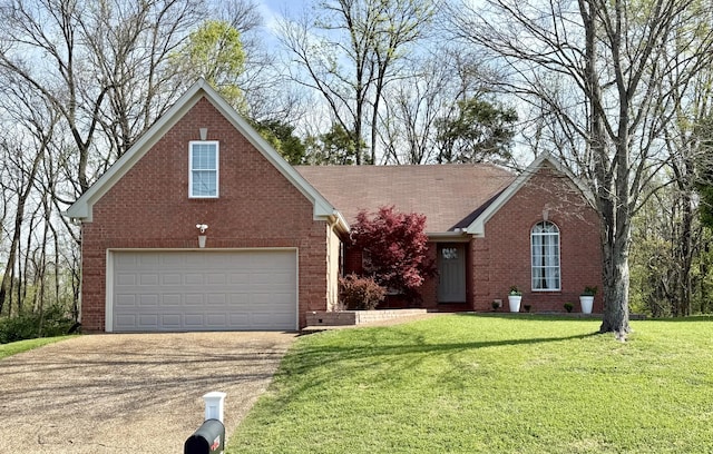 traditional-style home with brick siding, concrete driveway, a garage, and a front lawn