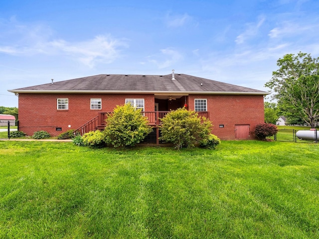 416 Overlook Cir, Tullahoma, TN 37388 - rear view of property with brick siding, a wooden deck, crawl space, and a shingled roof