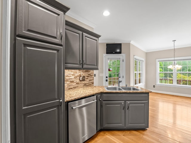 416 Overlook Cir, Tullahoma, TN 37388 - kitchen with stainless steel dishwasher, a sink, crown molding, a peninsula, and backsplash