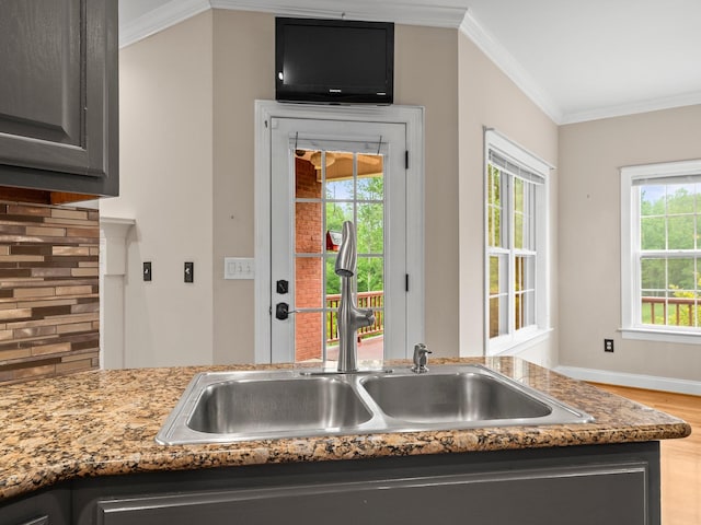 416 Overlook Cir, Tullahoma, TN 37388 - kitchen featuring a sink, wood finished floors, ornamental molding, and baseboards