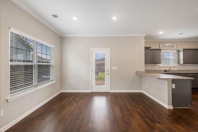 kitchen featuring plenty of natural light, dark wood-style flooring, ornamental molding, and recessed lighting