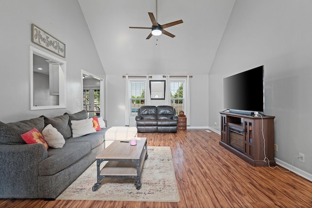 158 Cornerstone Blvd, Portland, TN 37148 - living room featuring high vaulted ceiling, a ceiling fan, baseboards, and wood finished floors