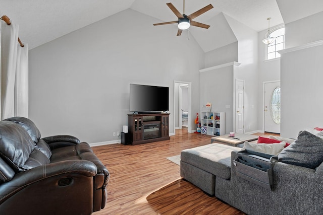 158 Cornerstone Blvd, Portland, TN 37148 - living room featuring high vaulted ceiling, wood finished floors, a ceiling fan, and baseboards