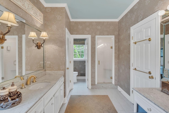 full bath with tile patterned flooring, a stall shower, crown molding, toilet, and vanity