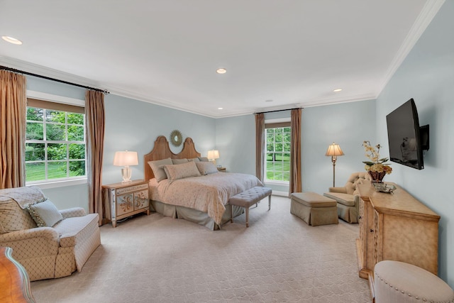 bedroom featuring multiple windows, ornamental molding, light colored carpet, and recessed lighting