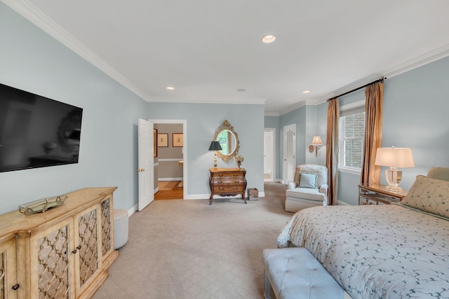 bedroom with light carpet, baseboards, ornamental molding, and recessed lighting