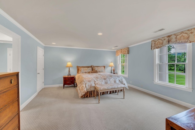 bedroom with light colored carpet, baseboards, crown molding, and recessed lighting
