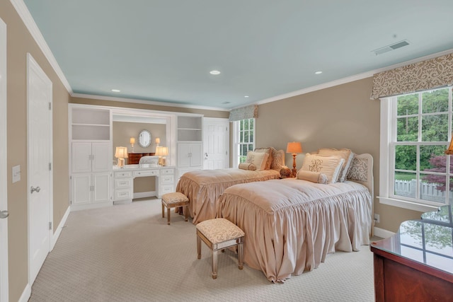 bedroom featuring ornamental molding, multiple windows, light carpet, baseboards, and recessed lighting