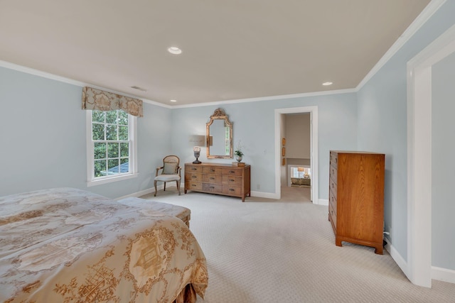 bedroom featuring baseboards, light colored carpet, ornamental molding, and recessed lighting