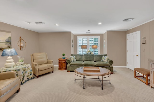 carpeted living room with ornamental molding, baseboards, and recessed lighting