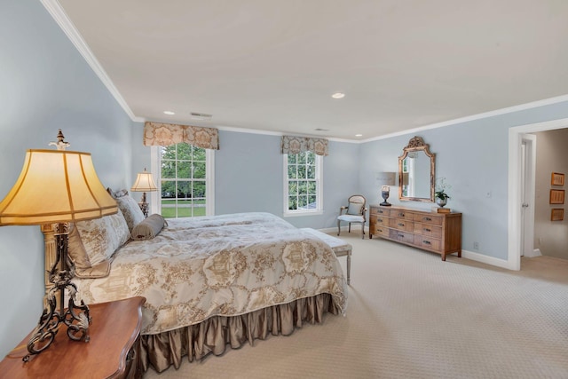 carpeted bedroom with crown molding, baseboards, and recessed lighting