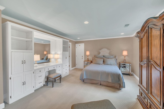 bedroom with light colored carpet, ornamental molding, recessed lighting, and baseboards