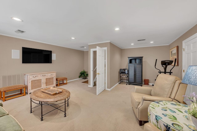 living room with ornamental molding, recessed lighting, baseboards, and light carpet
