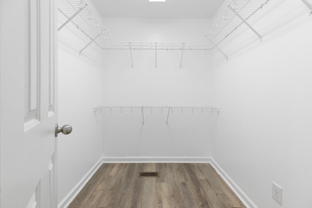 walk in closet with dark wood finished floors