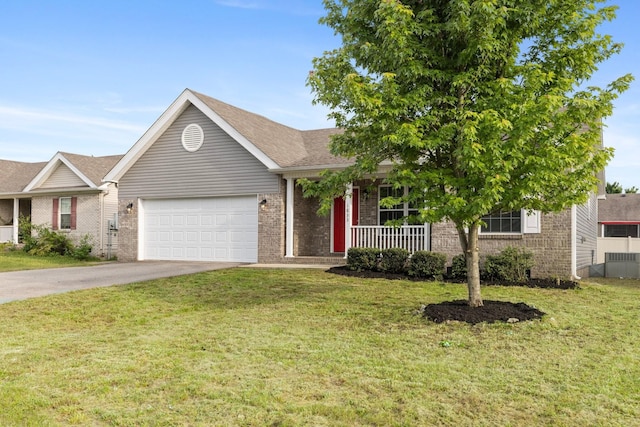 ranch-style home featuring brick siding, covered porch, a garage, and concrete driveway