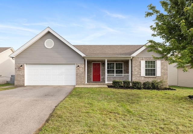 ranch-style house with driveway, brick siding, and covered porch