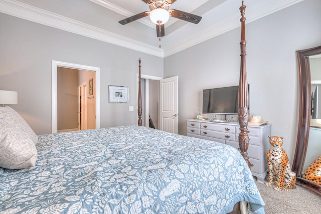 carpeted bedroom with crown molding and ceiling fan