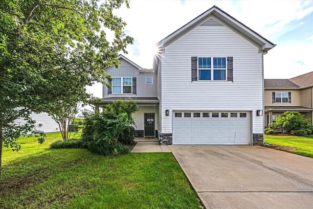 view of front of property with stone siding, a garage, a front lawn, and driveway
