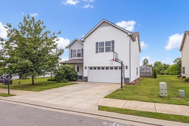 view of front of home with a garage, a front yard, concrete driveway, and stone siding