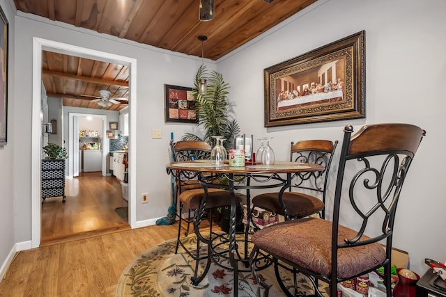 6966 Park Dr, Lyles, TN 37098 - dining area featuring wooden ceiling, light wood-style floors, ceiling fan, and baseboards