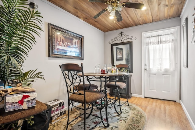 6966 Park Dr, Lyles, TN 37098 - dining room with a ceiling fan, light wood finished floors, wood ceiling, and baseboards