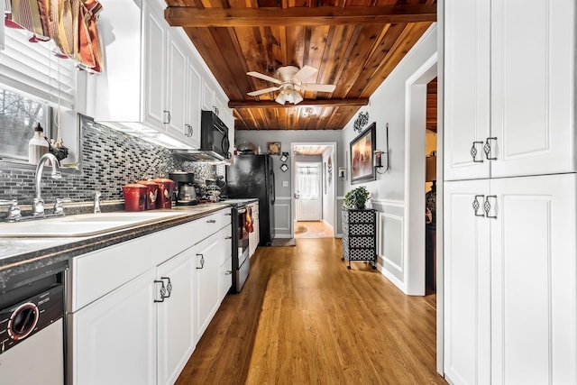 6966 Park Dr, Lyles, TN 37098 - kitchen featuring wood ceiling, a sink, dishwasher, white cabinetry, and backsplash