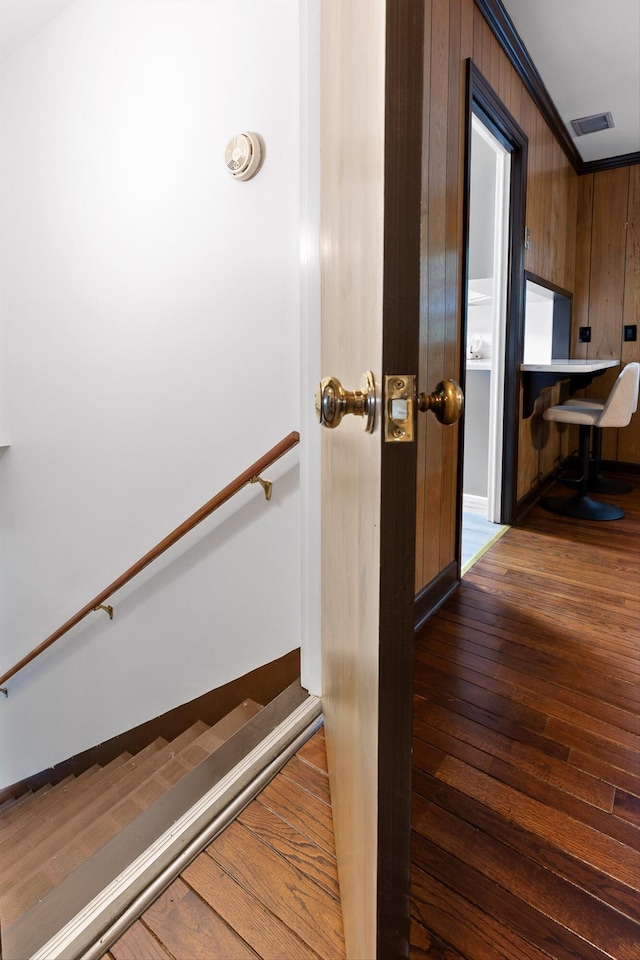 1511 Bunker Hill Dr, Chattanooga, TN 37421 - stairway with hardwood / wood-style floors and wooden walls