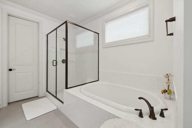 1022 Echelon Dr, Franklin, TN 37064 - full bathroom featuring a shower stall, a garden tub, tile patterned flooring, and ornamental molding