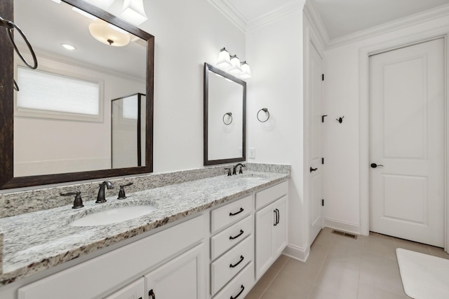 1022 Echelon Dr, Franklin, TN 37064 - bathroom featuring ornamental molding, double vanity, tile patterned flooring, and a shower with door