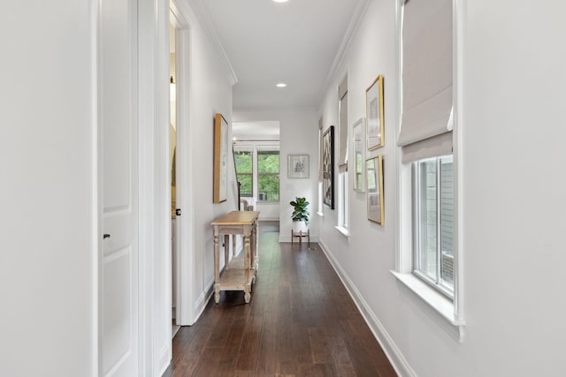 1022 Echelon Dr, Franklin, TN 37064 - corridor featuring dark wood-style flooring, recessed lighting, ornamental molding, and baseboards