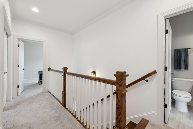 1022 Echelon Dr, Franklin, TN 37064 - hallway featuring an upstairs landing, ornamental molding, carpet, baseboards, and recessed lighting