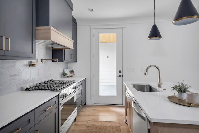 517B River Rouge Dr, Nashville, TN 37209 - kitchen featuring appliances with stainless steel finishes, a sink, custom exhaust hood, backsplash, and light wood-style flooring
