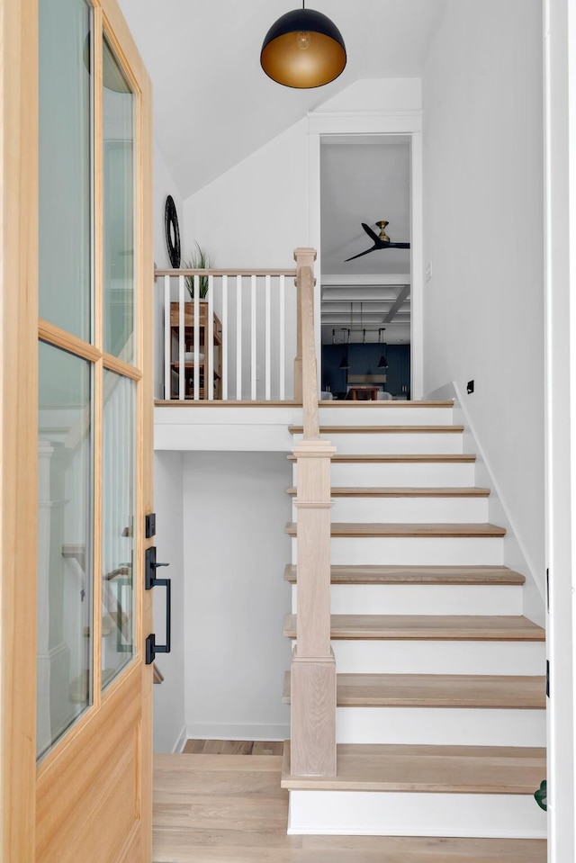 517B River Rouge Dr, Nashville, TN 37209 - stairway with wood finished floors, ceiling fan, and vaulted ceiling