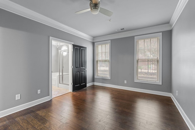 3100 W End Cir Unit 102, Nashville, TN 37203 - unfurnished bedroom with ornamental molding, baseboards, hardwood / wood-style floors, ceiling fan, and ensuite bath