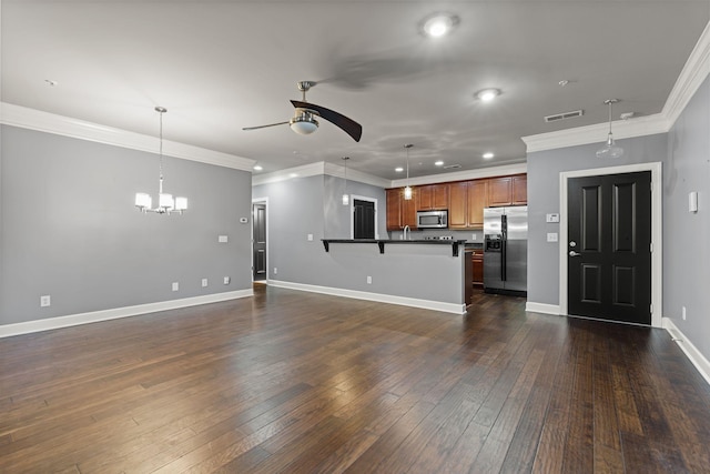 3100 W End Cir Unit 102, Nashville, TN 37203 - unfurnished living room featuring a ceiling fan, a chandelier, crown molding, recessed lighting, and dark wood-type flooring
