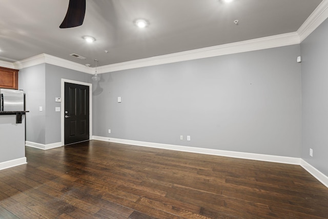 3100 W End Cir Unit 102, Nashville, TN 37203 - unfurnished living room featuring crown molding, baseboards, dark wood-type flooring, and a ceiling fan