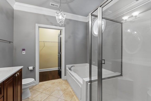 3100 W End Cir Unit 102, Nashville, TN 37203 - full bathroom featuring ornamental molding, a garden tub, a shower stall, a spacious closet, and vanity
