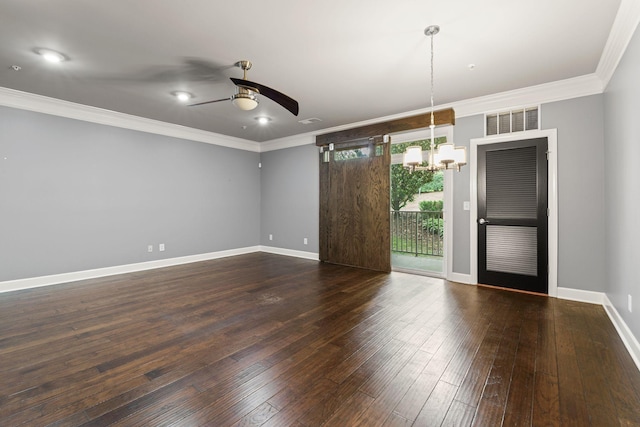 3100 W End Cir Unit 102, Nashville, TN 37203 - empty room featuring a chandelier, a ceiling fan, crown molding, dark wood-style flooring, and baseboards