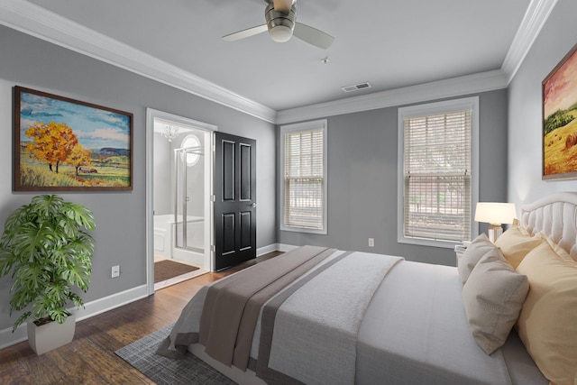 3100 W End Cir Unit 102, Nashville, TN 37203 - bedroom featuring baseboards, ornamental molding, wood finished floors, connected bathroom, and a ceiling fan