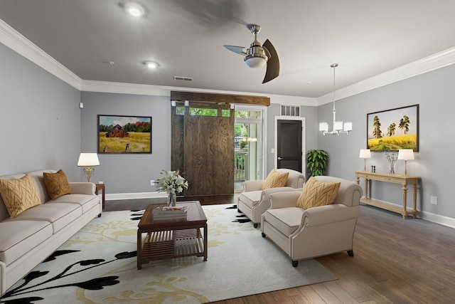 3100 W End Cir Unit 102, Nashville, TN 37203 - living area with crown molding, wood finished floors, baseboards, ceiling fan, and a chandelier