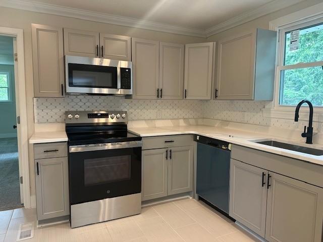 909 Plateau Pkwy, Nashville, TN 37205 - kitchen featuring stainless steel appliances, gray cabinets, a sink, healthy amount of natural light, and crown molding